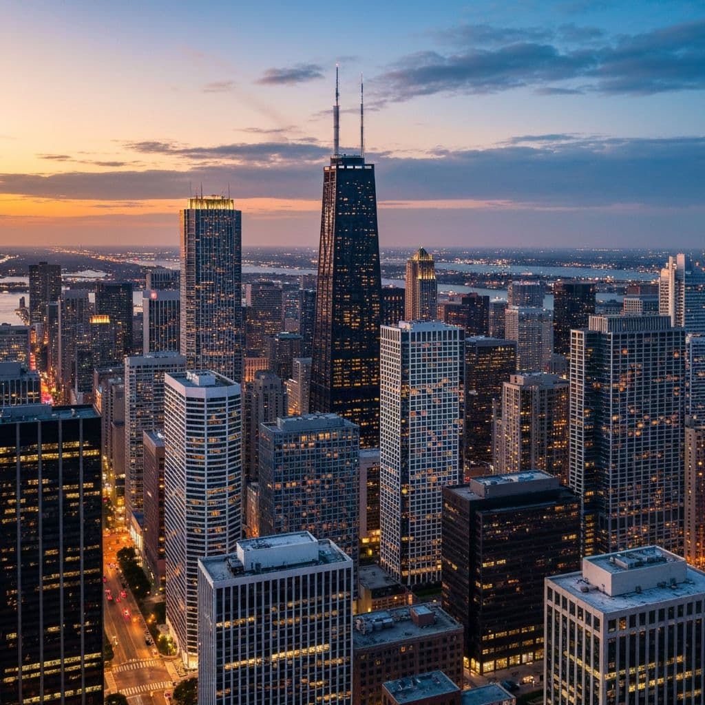 City skyline at dusk